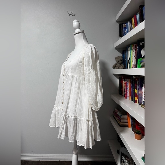 Free People Puff Sleeve Cute Button Front Tunic Mini Dress white Sz small - Picture 5 of 12
